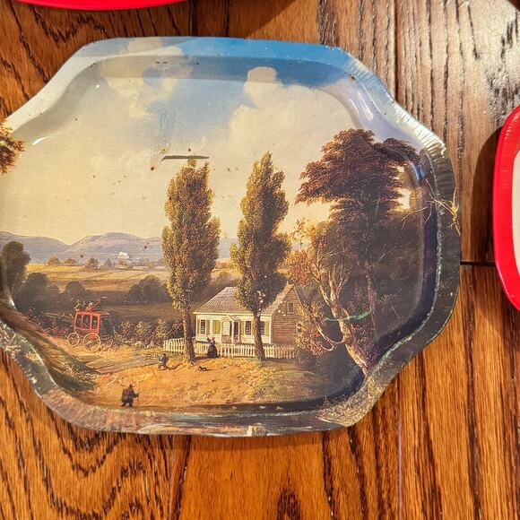 VTG Christmas 5 Metal Serving Trays Plates Round Rectangle Cookies Santa Holiday - Picture 7 of 13